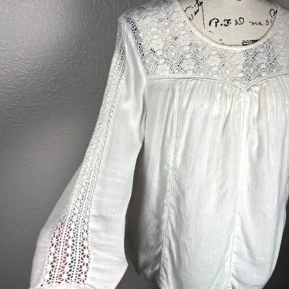 Hinge Sz S 3/4 Sleeve Sweetheart Lace Bodice Blouse White Lace Accents Boho - Picture 8 of 13